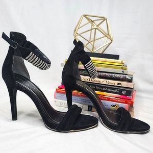 Kenneth Cole Black Suede Rhinestone Ankle Strap 4.75 inch High Heels Size 8
